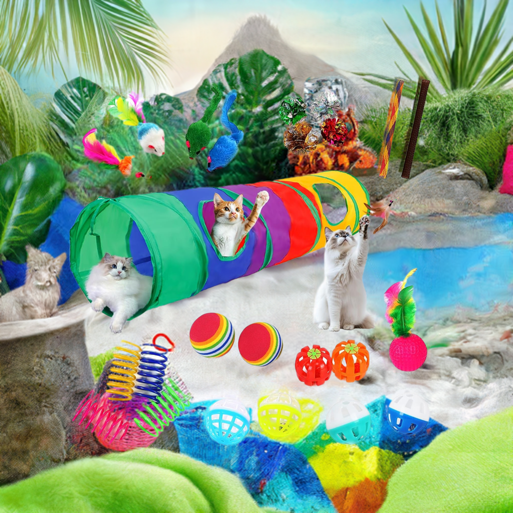Cat Toys for Indoor Cats Interactive, 25 Assorted Cat Stuff Toys Pack Including Crinkle Tunnel Ball Wand Teaser Feather Mouse Mice Spring Assortment Kit for Cats Kittens Rabbits Puppies