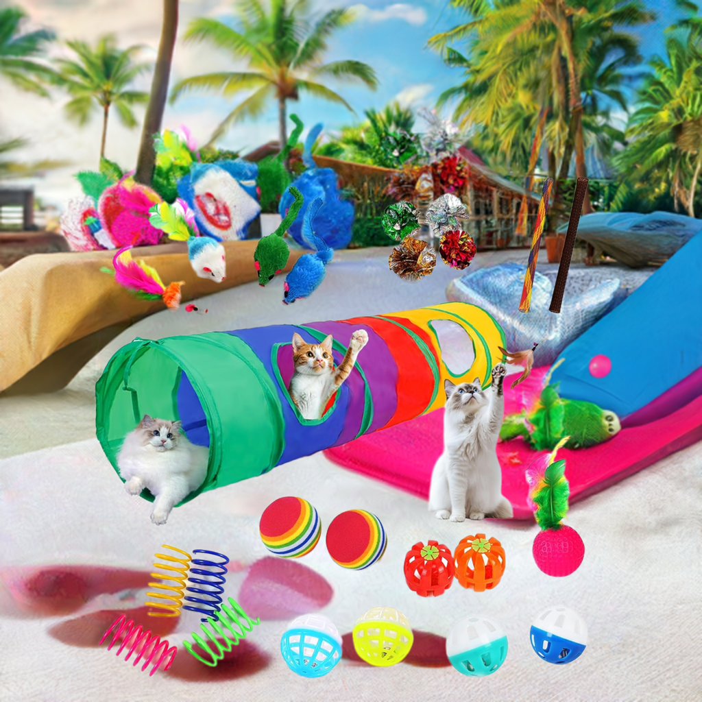 Cat Toys for Indoor Cats Interactive, 25 Assorted Cat Stuff Toys Pack Including Crinkle Tunnel Ball Wand Teaser Feather Mouse Mice Spring Assortment Kit for Cats Kittens Rabbits Puppies